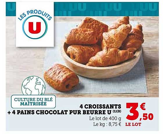 4 CROISSANTS + 4 PAINS CHOCOLAT PUR BEURRE U