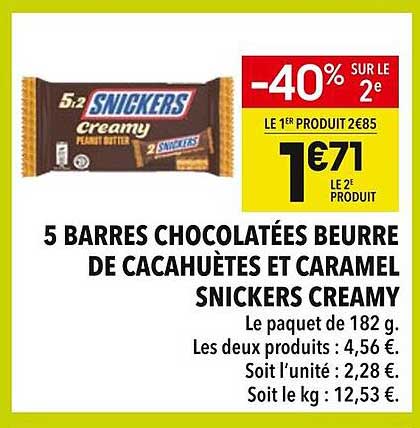 5 BARRES CHOCOLATÉES BEURRE DE CACAHUÈTES ET CARAMEL SNICKERS CREAMY