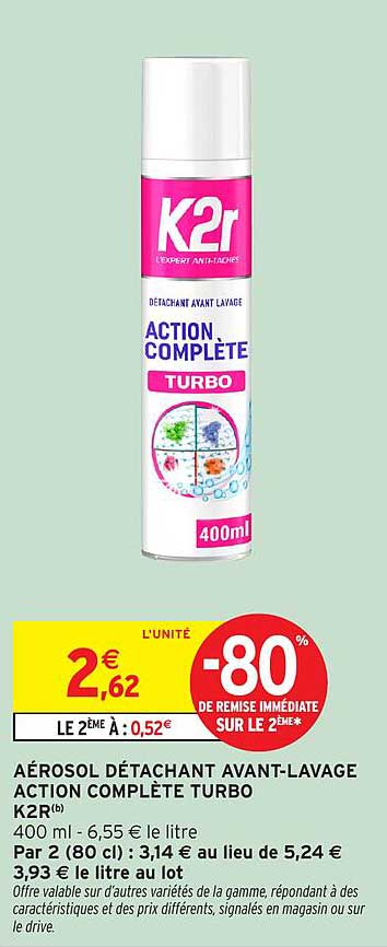 AÉROSOL DÉTACHANT AVANT-LAVAGE ACTION COMPLÈTE TURBO K2R