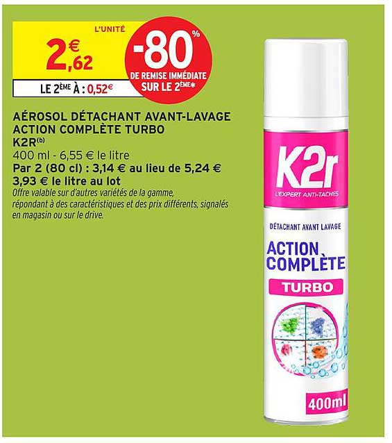 AÉROSOL DÉTACHANT AVANT-LAVAGE ACTION COMPLÈTE TURBO K2R