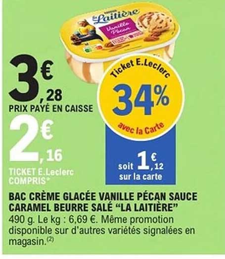 BAC CRÈME GLACÉE VANILLE PÉCAN SAUCE CARAMEL BEURRE SALÉ "LA LAITIÈRE"
