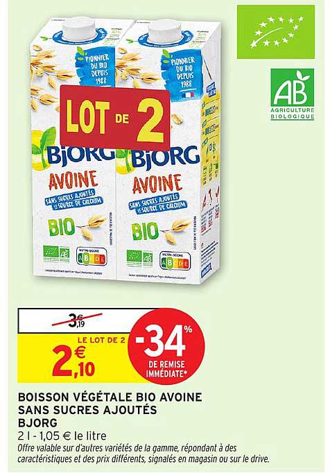 BOISSON VÉGÉTALE BIO AVAINE SANS SUCRES AJOUTÉS BJORG
