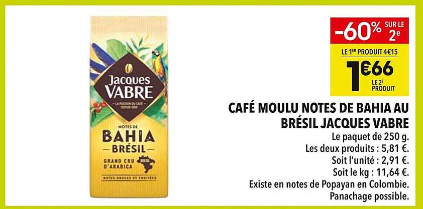 CAFE MOULU NOTES DE BAHIA AU BRESIL JACQUES VABRE