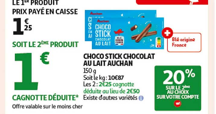 CHOCO STICK CHOCOLAT AU LAIT AUCHAN