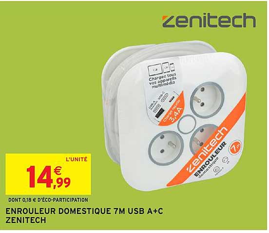 ENROULEUR DOMESTIQUE 7M USB A+C ZENITECH