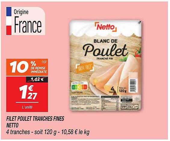 FILET POULET TRANCHES FINES NETTO