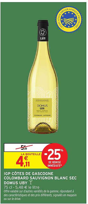 IGP Côtes de Gascogne Colombard Sauvignon Blanc Sec Domus Uby