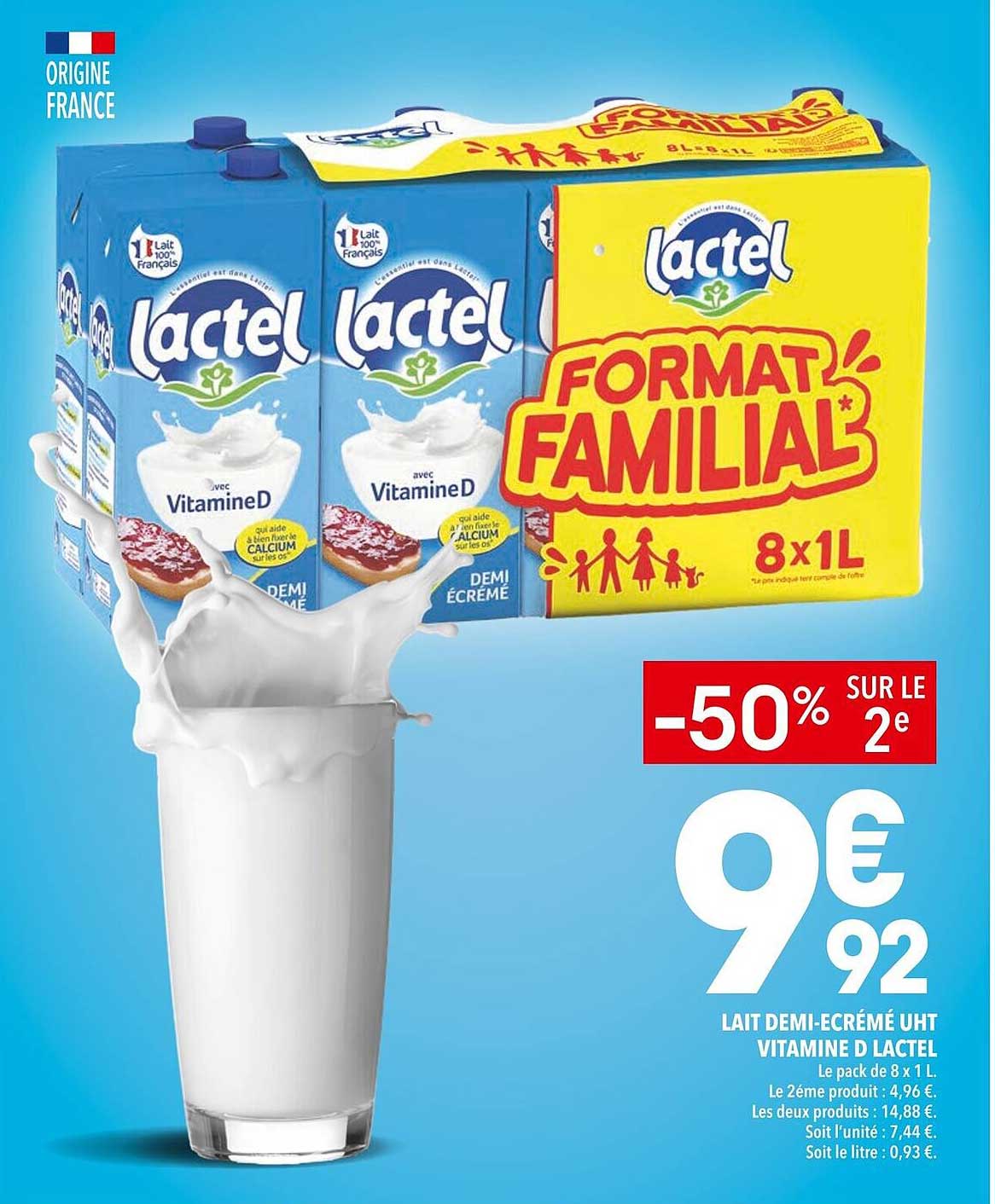 Lait demi-écrémé UHT Vitamine D Lactel - Format familial 8 x 1 L