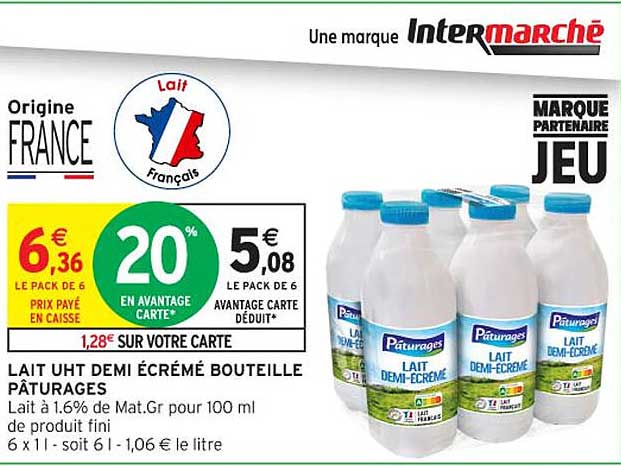 LAIT UHT DEMI ÉCRÉMÉ BOUTEILLE PÂTURAGES