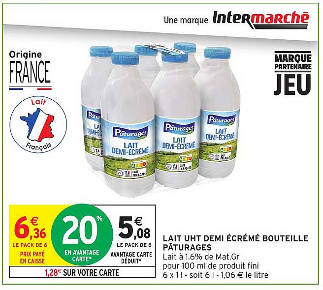 LAIT UHT DEMI ÉCRÉMÉ BOUTEILLE PÂTURAGES