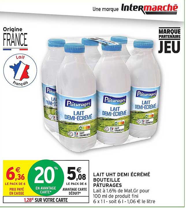 LAIT UHT DEMI ÉCRÉMÉ BOUTEILLE PÂTURAGES