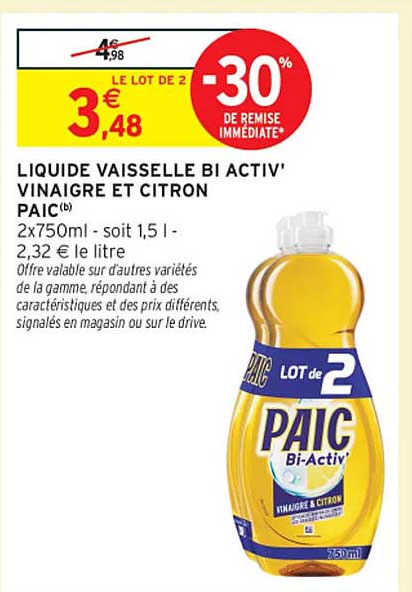 LIQUIDE VAISSELLE BI ACTIV' VINAIGRE ET CITRON PAIC
