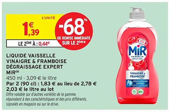 LIQUIDE VAISSELLE VINAIGRE & FRAMBOISE DÉGRAISSAGE EXPERT MIR®