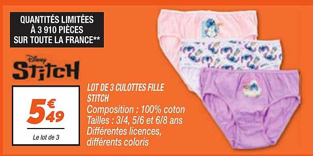 LOT DE 3 CULOTTES FILLE STITCH