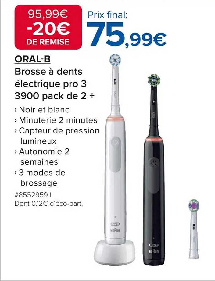 ORAL-B Brosse à dents électrique pro 3 3900 pack de 2 +