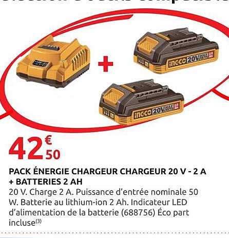 PACK ÉNERGIE CHARGEUR CHARGEUR 20 V - 2 A + BATTERIES 2 AH
