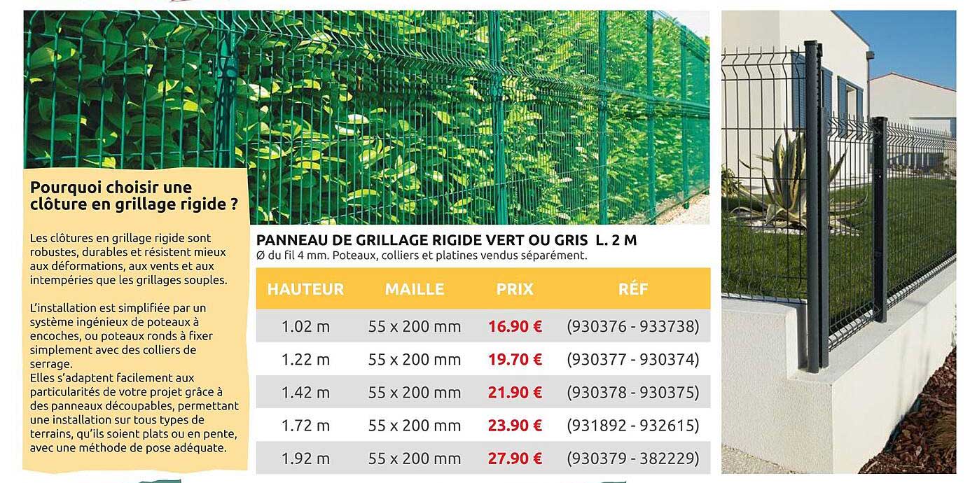 PANNEAU DE GRILLAGE RIGIDE VERT OU GRIS L. 2 M