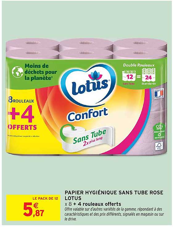 PAPIER HYGIÉNIQUE SANS TUBE ROSE LOTUS x 8 + 4 rouleaux offerts