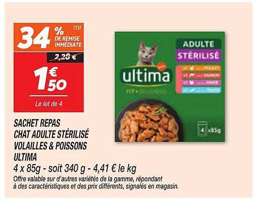 SACHET REPAS CHAT ADULTE STÉRILISÉ VOLAILLES & POISSONS ULTIMA