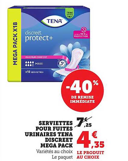 SERVIETTES POUR FUITES URINAIRES TENA DISCREET MEGA PACK