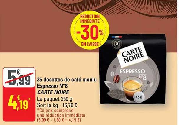 36 dosettes de café moulu Espresso N°8 CARTE NOIRE