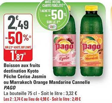 Boisson aux fruits destination Kyoto Pêche Cerise Jasmin ou Marrakech Orange Mandarine Cannelle PAGO