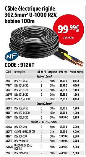 Câble électrique rigide 3G2,5mm² U-1000 R2V, bobine 100m