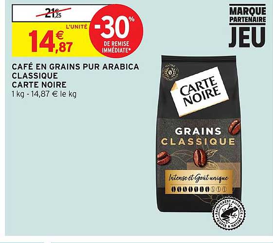CAFE EN GRAINS PUR ARABICA CLASSIQUE CARTE NOIRE