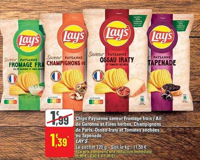 Chips Paysanne saveur Fromage frais / Ail de Garonne et Fines herbes, Champignons de Paris, Ossau-Iraty et Tomates séchées ou Tapenade