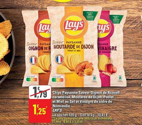 Chips Paysanne Saveur Oignon de Roscoff caramélisée, Moutarde de Dijon, Poulet et Miel ou Sel et Vinaigre de cidre de Normandie