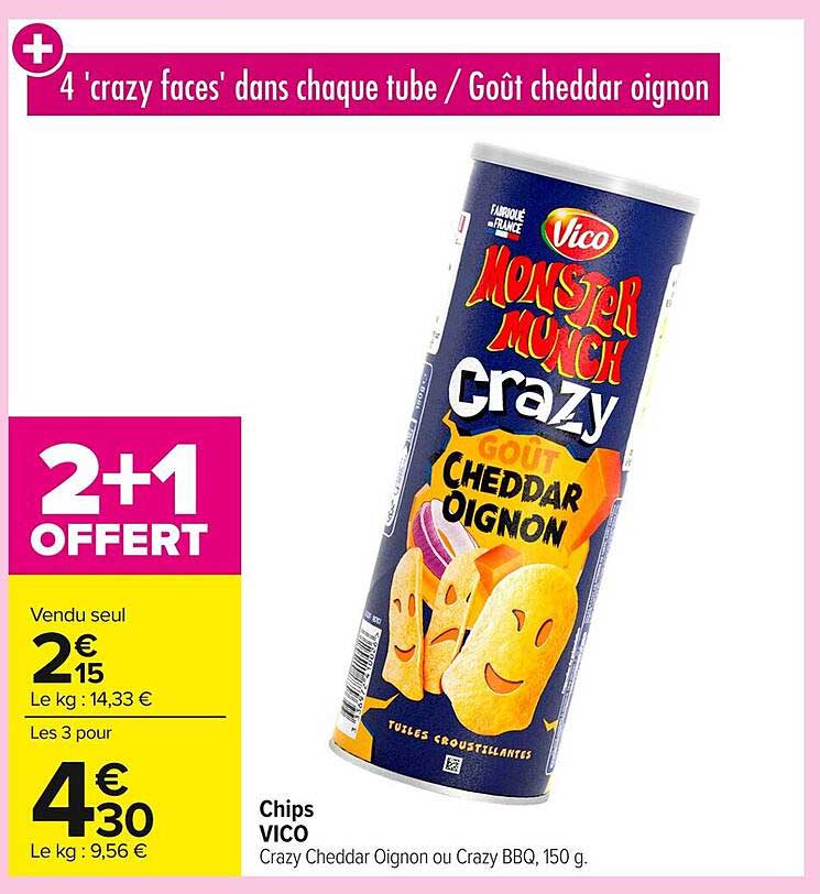 Chips VICO Crazy Cheddar Oignon ou Crazy BBQ, 150 g