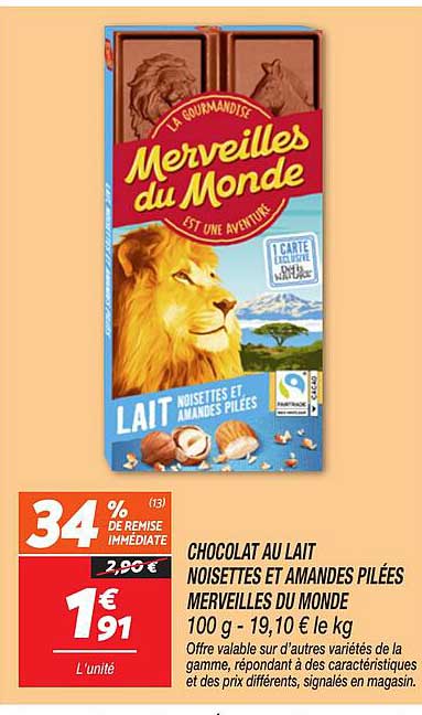 CHOCOLAT AU LAIT NOISETTES ET AMANDES PILÉES MERVEILLES DU MONDE