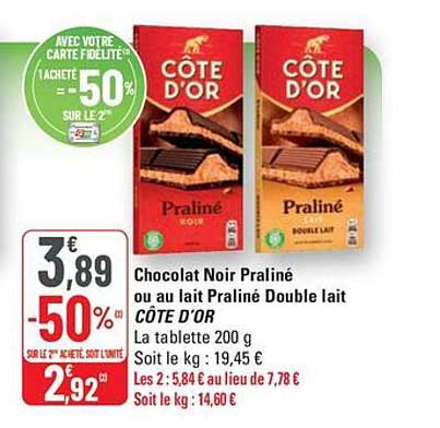 Chocolat Noir Praliné ou au lait Praliné Double lait CÔTE D'OR