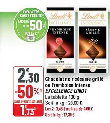 Chocolat noir sésame grillé ou Framboise Intense EXCELLENCE LINDT