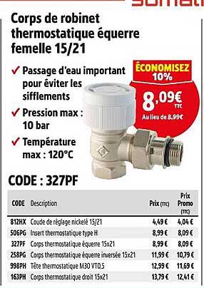 Corps de robinet thermostatique équerre femelle 15/21