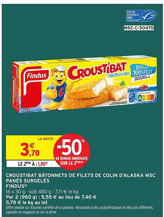 CROUST'IBAT BÂTONNETS DE FILETS DE COLIN D'ALASKA MSC PANÉS SURGELÉS