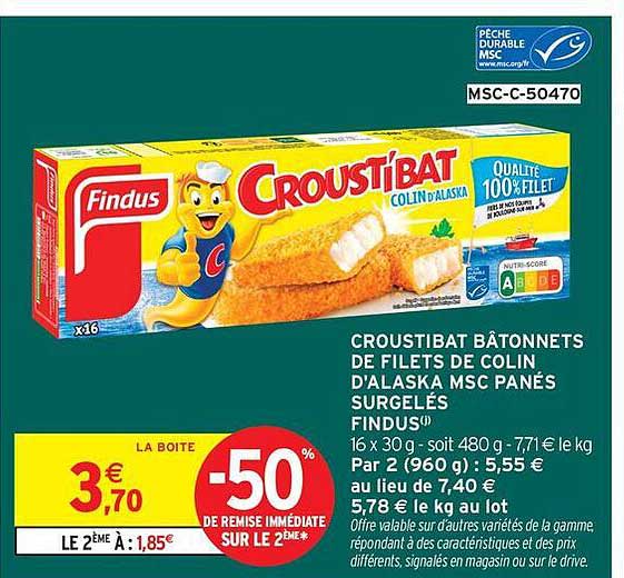 CROUSTIBAT BÂTONNETS DE FILETS DE COLIN D'ALASKA MSC PANÉS SURGELÉS FINDUS