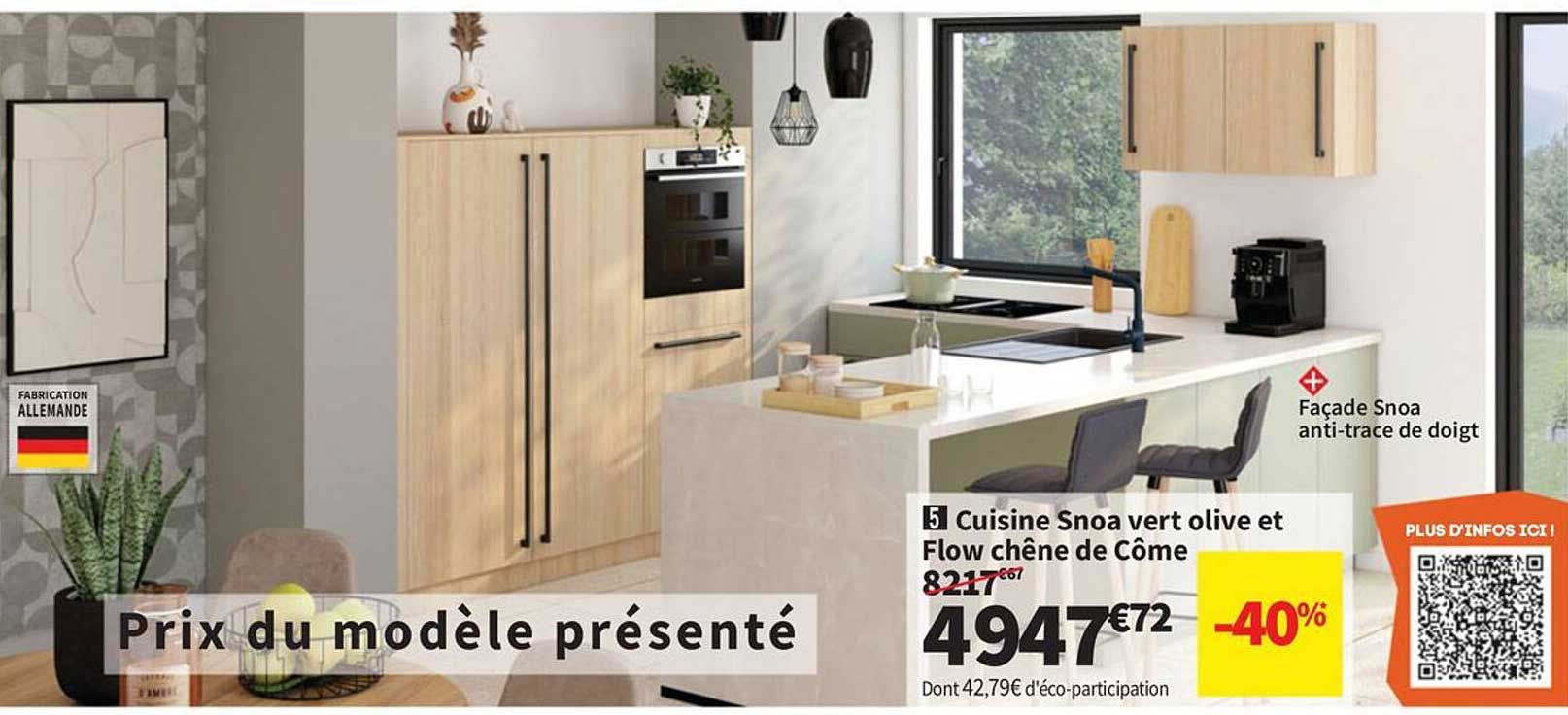 Cuisine Snoa vert olive et Flow chêne de Côme