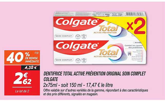 DENTIFRICE TOTAL ACTIVE PRÉVENTION ORIGINAL SOIN COMPLET COLGATE