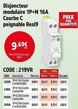 Disjoncteur modulaire 1P+N 16A Courbe C peignable Resi9
