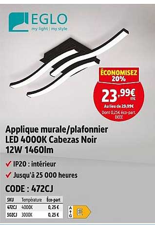 ÉCONOMISEZ 20% - Applique murale/plafonnier LED 4000K Cabezas Noir 12W 1460lm