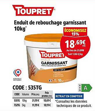 Enduit de rebouchage garnissant 10kg