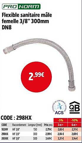 Flexible sanitaire mâle femelle 3/8" 300mm DN8