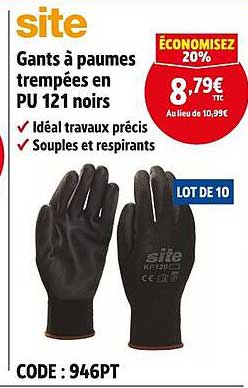 Gants à paumes trempées en PU 121 noirs