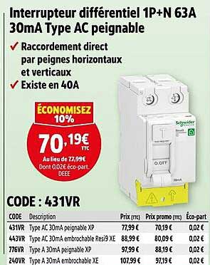 Interrupteur différentiel 1P+N 63A 30mA Type AC peignable