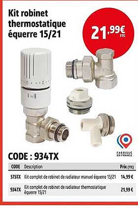 Kit robinet thermostatique équerre 15/21