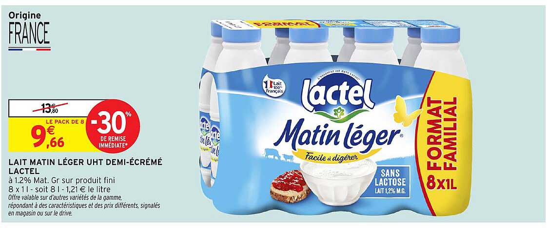 Lait Matin Léger UHT Demi-Écrémé Lactel - Pack de 8