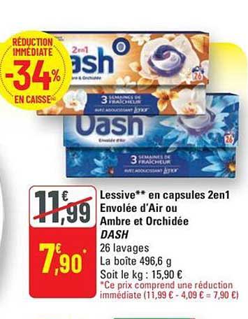 Lessive** en capsules 2en1 Envolée d'Air ou Ambre et Orchidée DASH