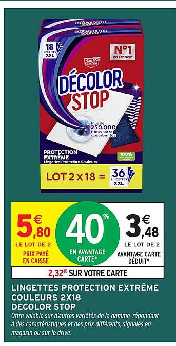 LINGETTES PROTECTION EXTRÊME COULEURS 2X18 DECOLOR STOP