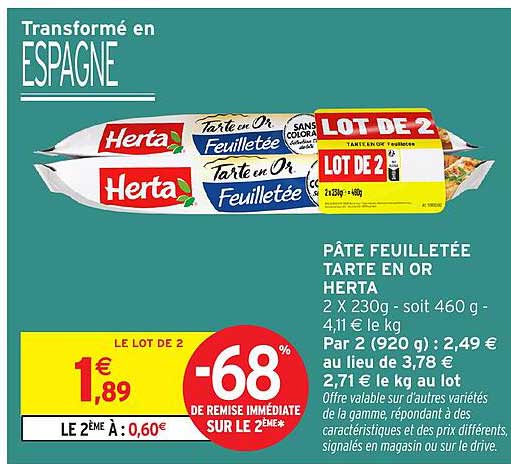 LOT DE 2 PÂTE FEUILLETÉE TARTE EN OR HERTA